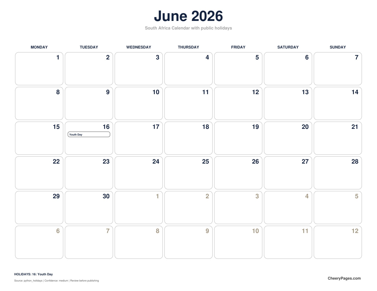 South Africa June 2026 Calendar - Black and White Ink Saver printable preview