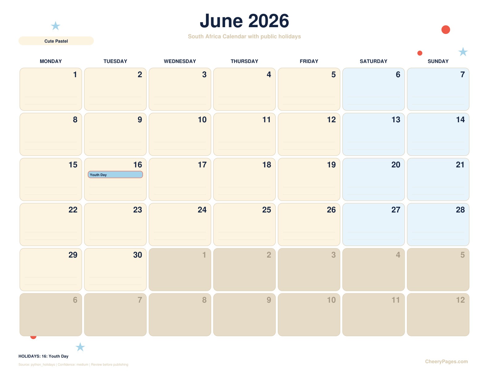 South Africa June 2026 Calendar - Cute Pastel printable preview