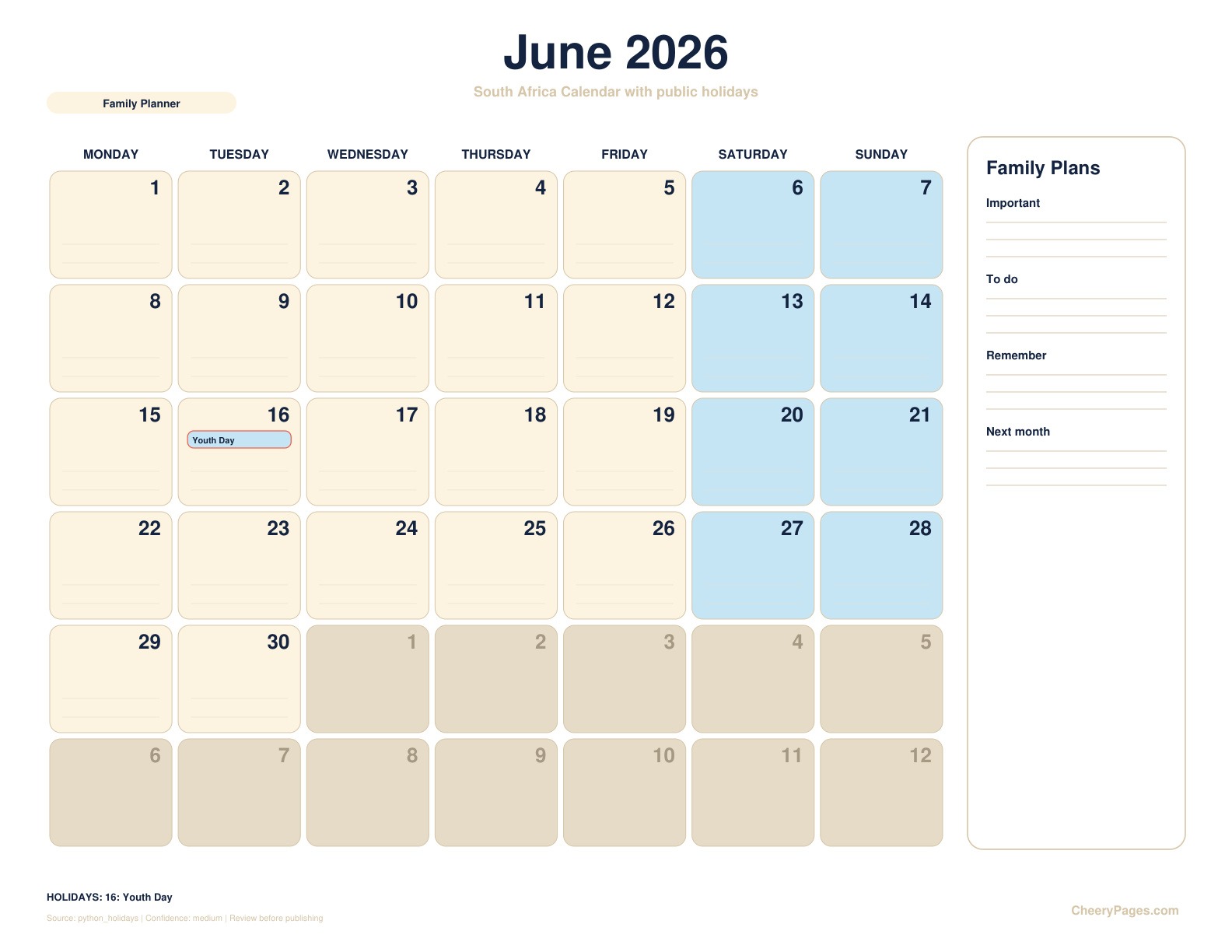 South Africa June 2026 Calendar - Family Planner printable preview