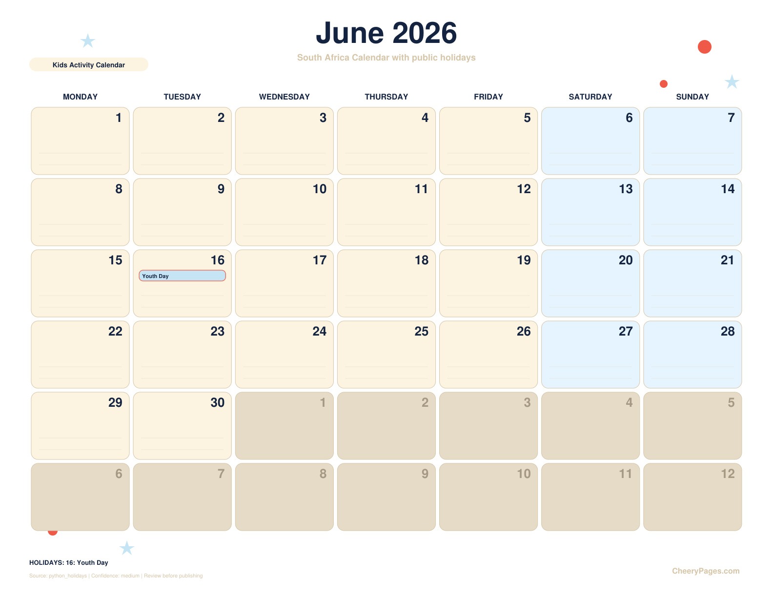 South Africa June 2026 Calendar - Kids Activity Calendar printable preview