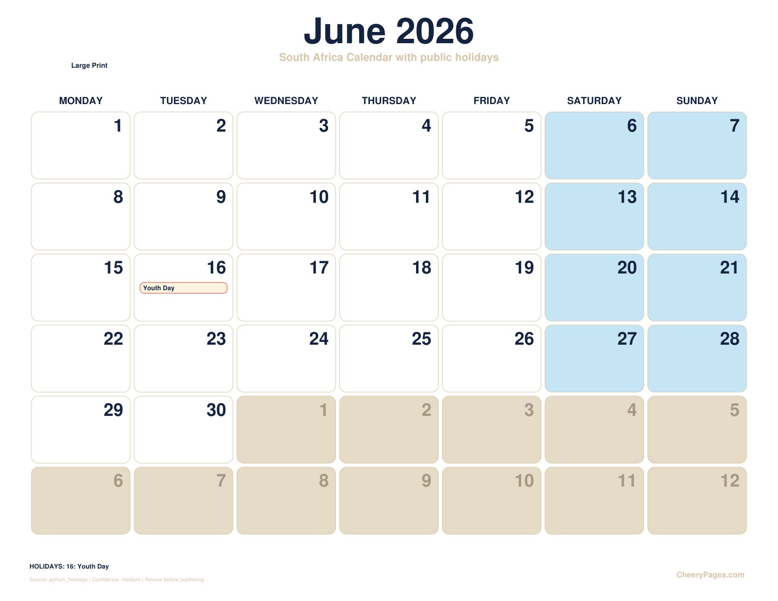South Africa June 2026 Calendar - Large Print printable preview