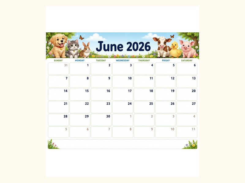 Animal Theme June 2026 Calendar printable preview