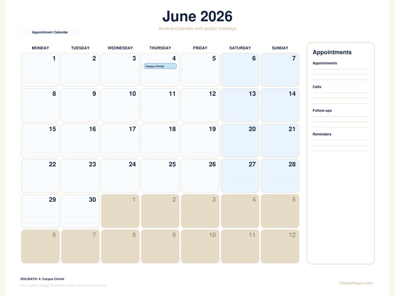 Austria June 2026 Calendar - Appointment Calendar printable preview