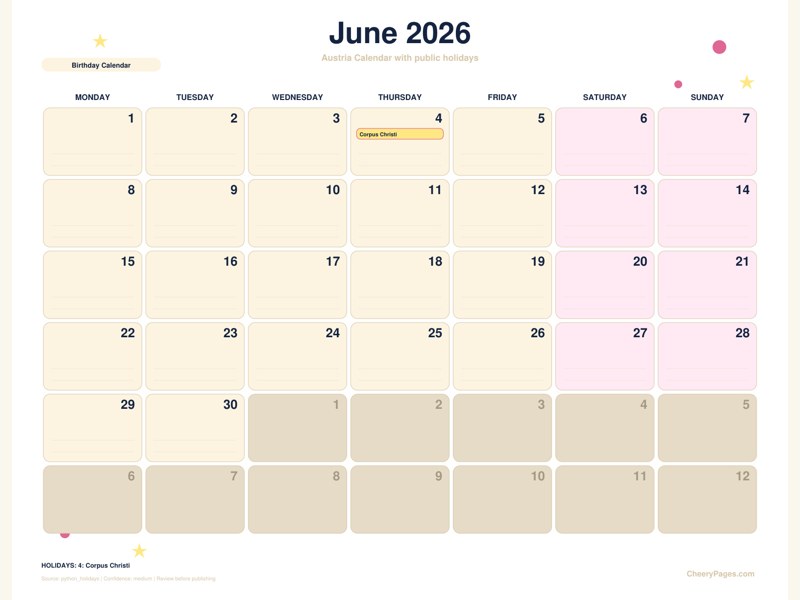 Austria June 2026 Calendar - Birthday Calendar printable preview