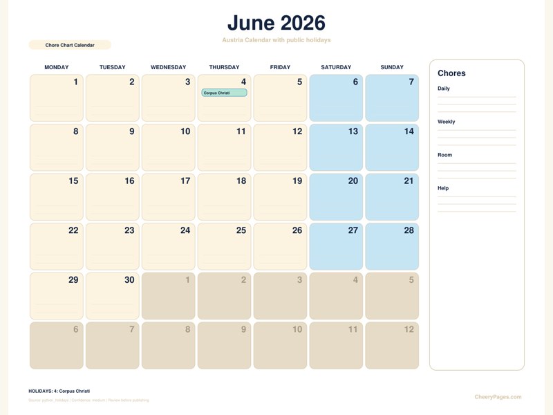 Austria June 2026 Calendar - Chore Chart Calendar printable preview