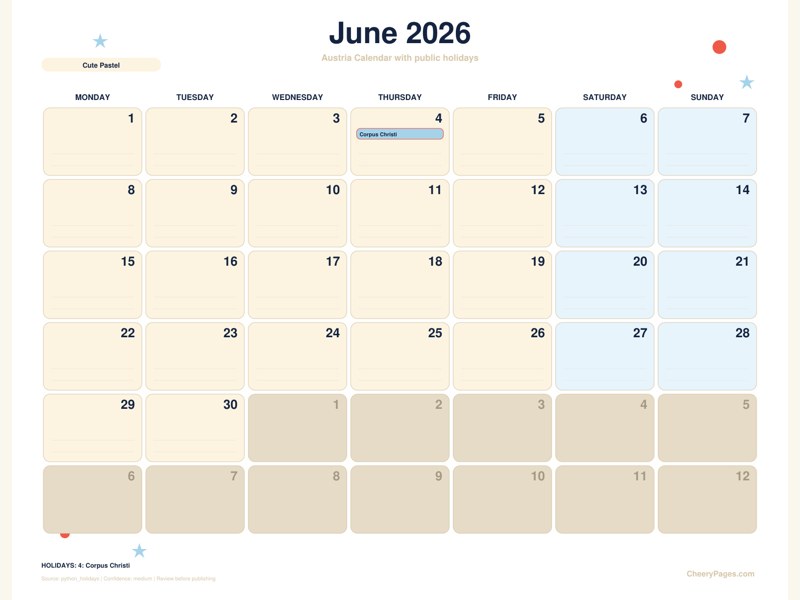 Austria June 2026 Calendar - Cute Pastel printable preview