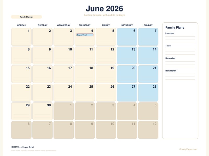 Austria June 2026 Calendar - Family Planner printable preview