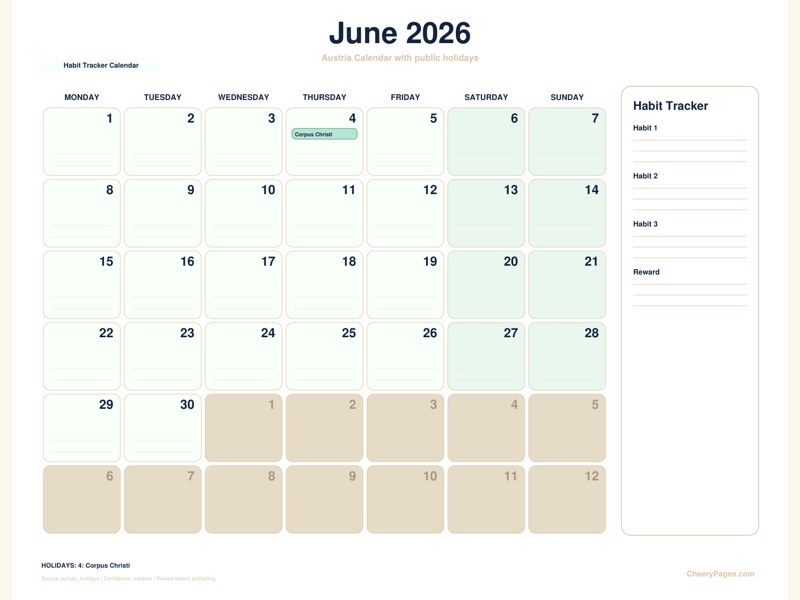 Austria June 2026 Calendar - Habit Tracker Calendar printable preview