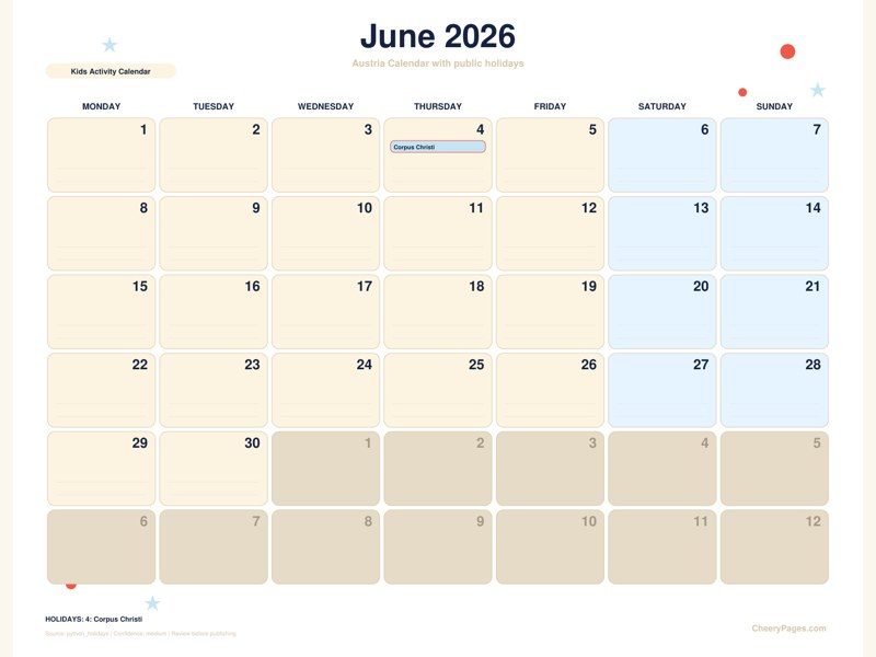 Austria June 2026 Calendar - Kids Activity Calendar printable preview