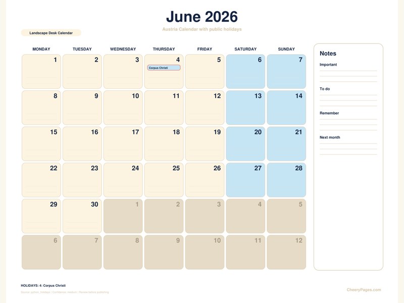 Austria June 2026 Calendar - Landscape Desk Calendar printable preview