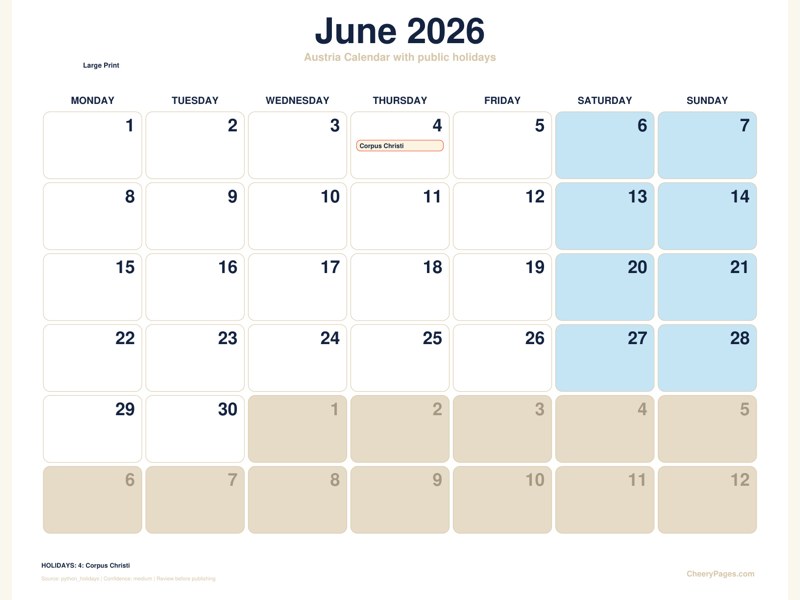 Austria June 2026 Calendar - Large Print printable preview