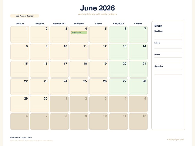 Austria June 2026 Calendar - Meal Planner Calendar printable preview