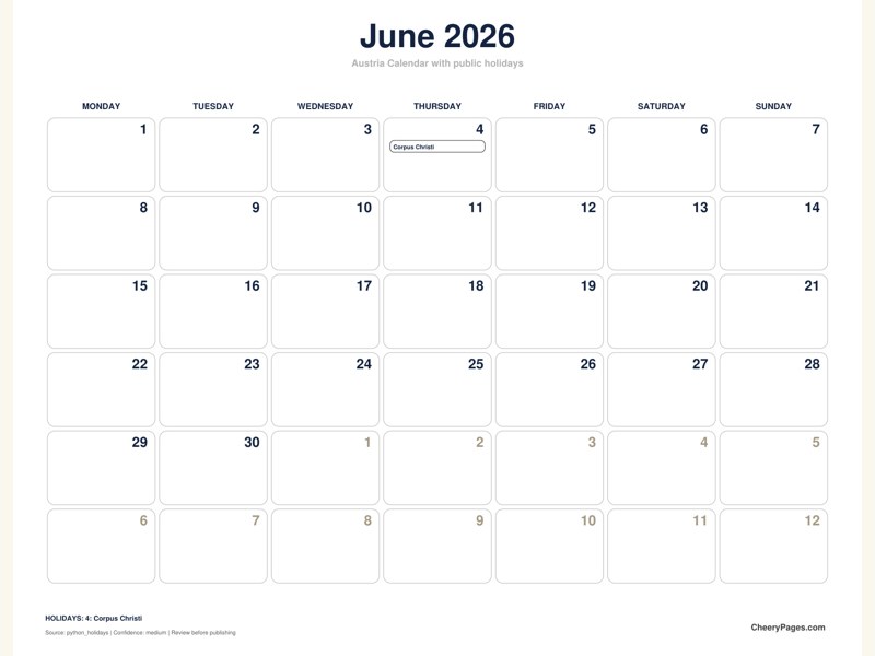 Austria June 2026 Calendar - Minimal Ink printable preview