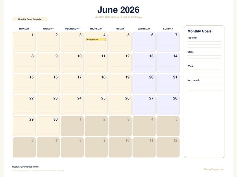 Austria June 2026 Calendar - Monthly Goals Calendar printable preview