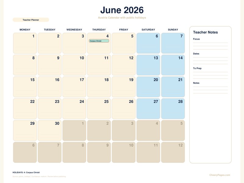 Austria June 2026 Calendar - Teacher Planner printable preview