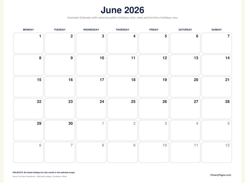 Australia June 2026 Calendar - Black and White Ink Saver printable preview