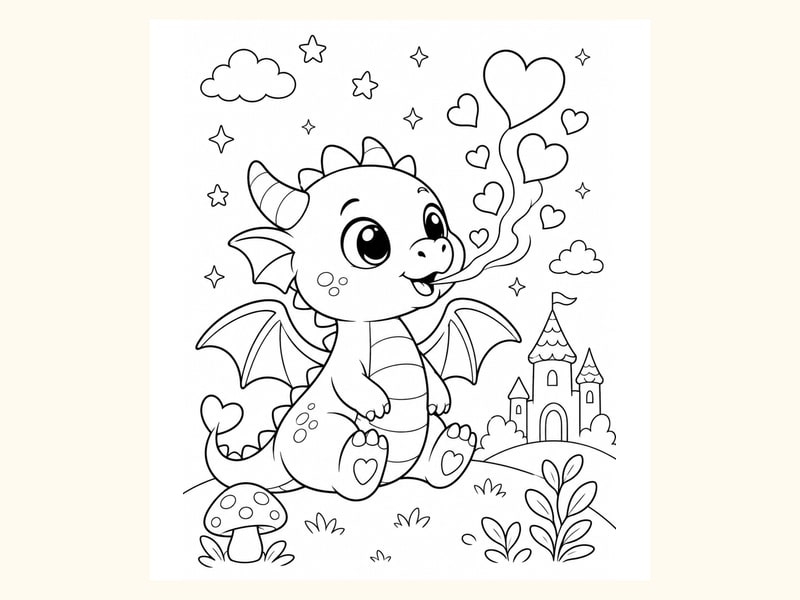 Baby Dragon Blowing Small Heart-shaped Smoke Puffs in a Playful Scene printable preview