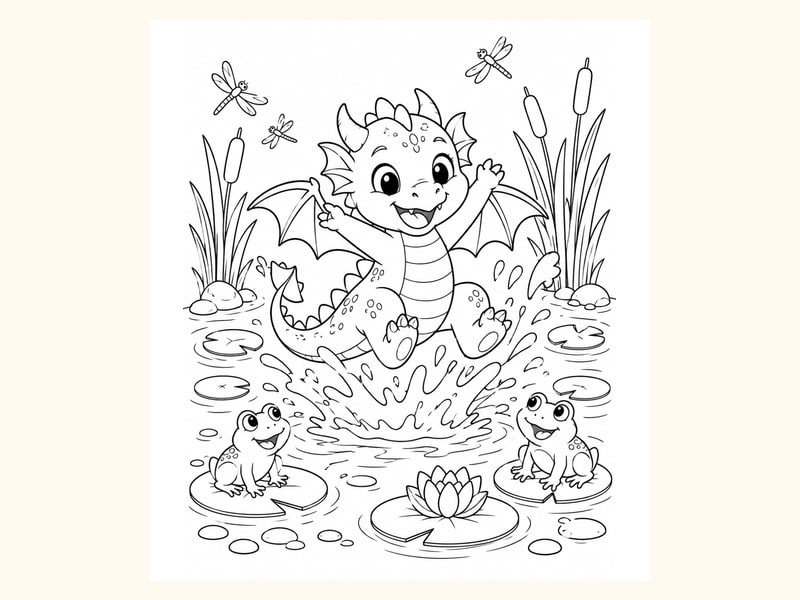 Baby Dragon Splashing in a Pond printable preview