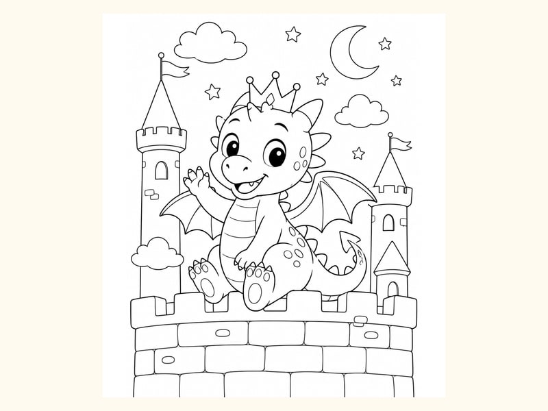 Baby Dragon Wearing a Tiny Crown While Sitting on a Castle Wall printable preview