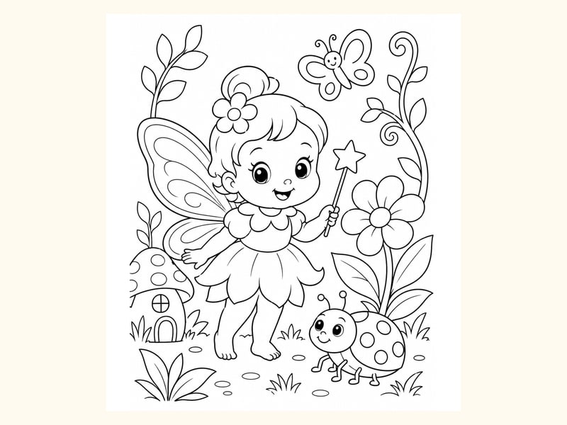 Baby Fairy Holding a Tiny Wand beside a Flower and Friendly Ladybug printable preview