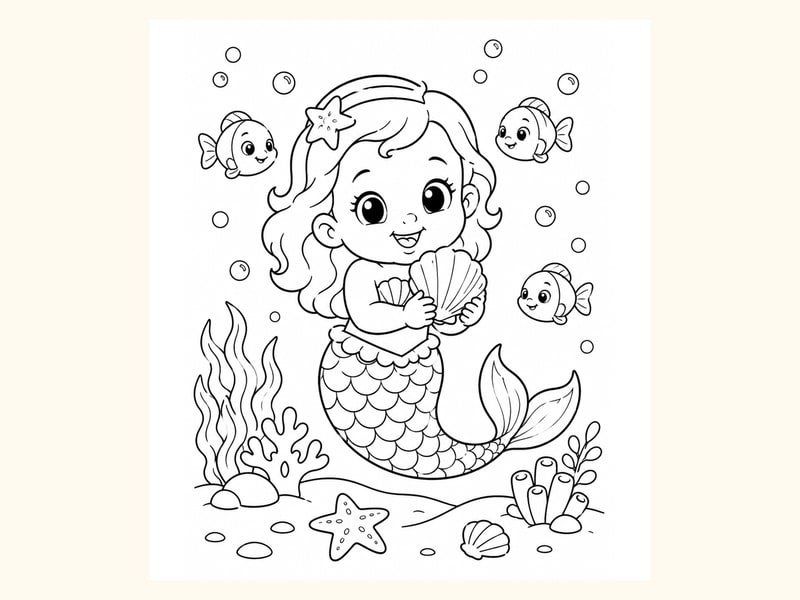Baby Mermaid Holding a Seashell printable preview