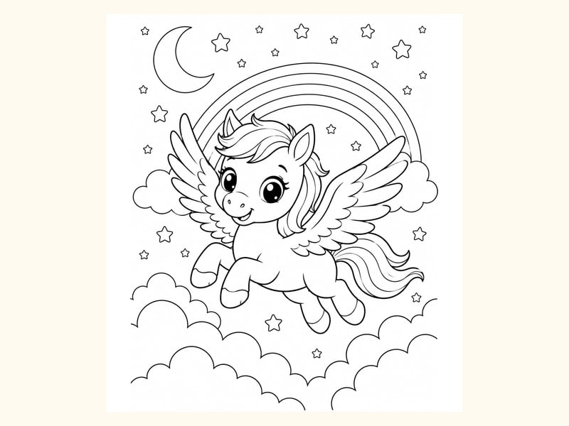 Baby Pegasus Flying over Clouds with Stars printable preview