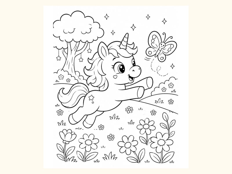 Baby Unicorn Chasing a Butterfly in a Simple Enchanted Meadow printable preview