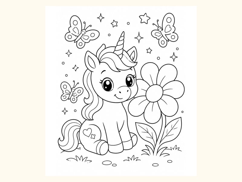 Baby Unicorn Sitting beside a Large Flower printable preview