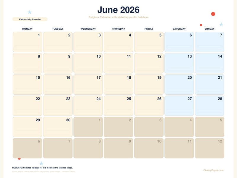 Belgium June 2026 Calendar - Kids Activity Calendar printable preview