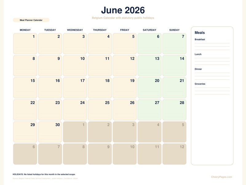 Belgium June 2026 Calendar - Meal Planner Calendar printable preview