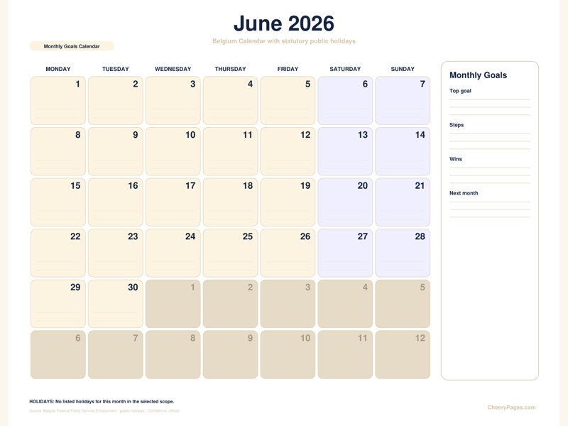 Belgium June 2026 Calendar - Monthly Goals Calendar printable preview
