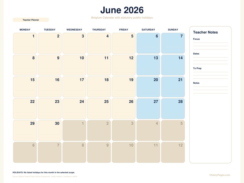 Belgium June 2026 Calendar - Teacher Planner printable preview