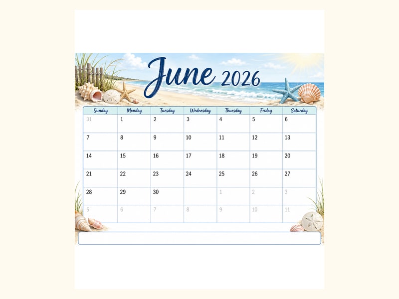 Beach Theme June 2026 Calendar printable preview
