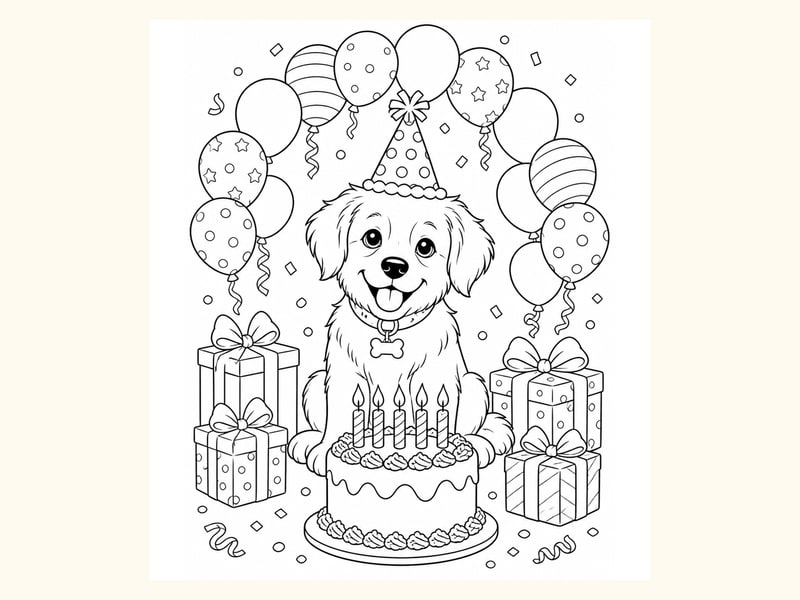 Birthday Puppy Coloring Page 1 printable preview