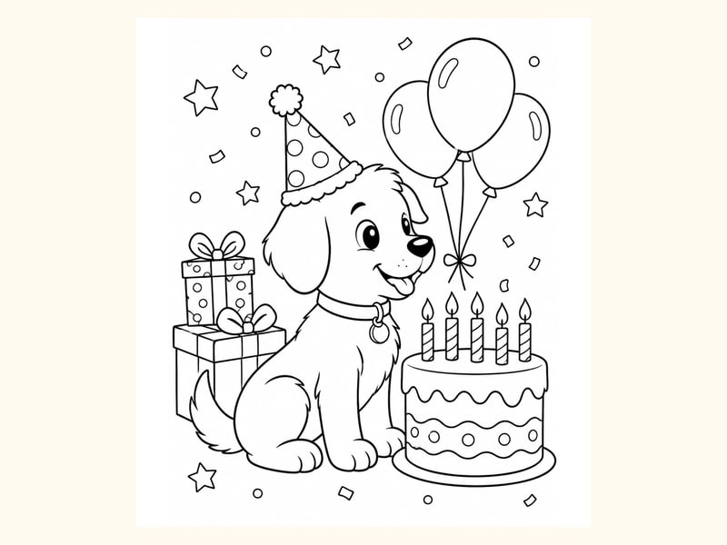Birthday Puppy Coloring Page 3 printable preview