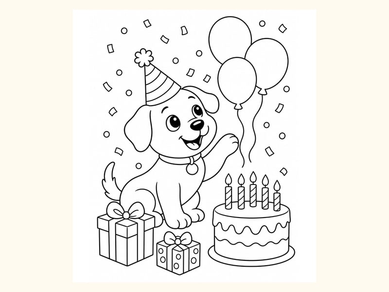 Birthday Puppy Coloring Page 4 printable preview