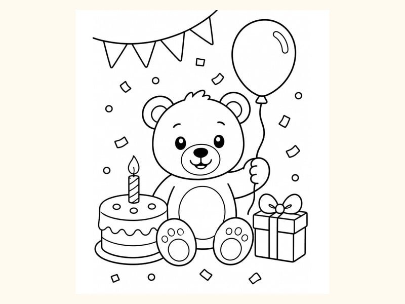 Birthday Teddy Bear Coloring Page 1 printable preview