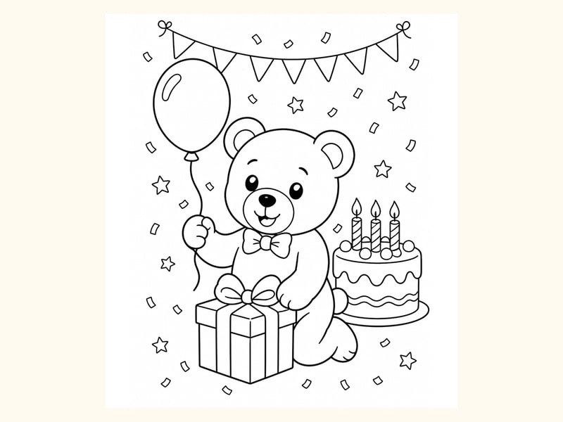 Birthday Teddy Bear Coloring Page 4 printable preview