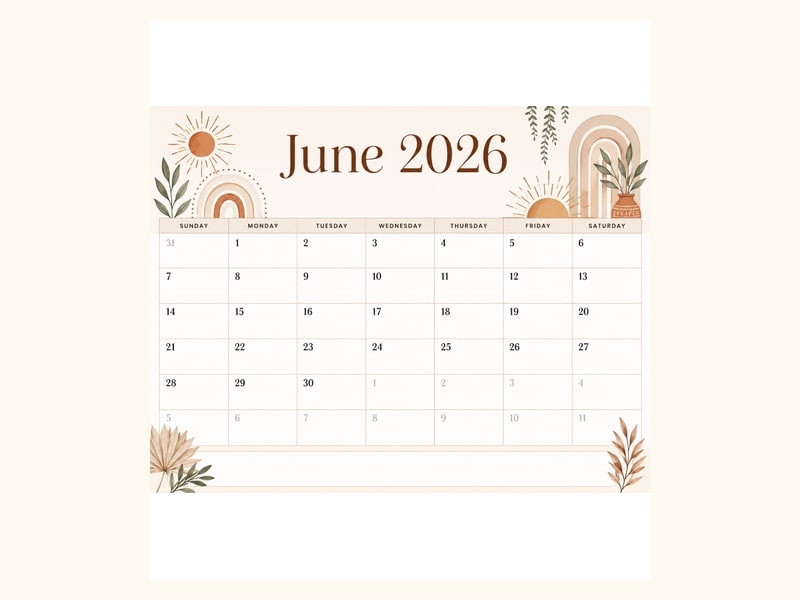 Boho June 2026 Calendar printable preview