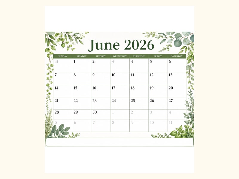 Botanical June 2026 Calendar printable preview