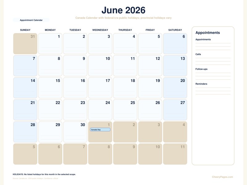 Canada June 2026 Calendar - Appointment Calendar printable preview