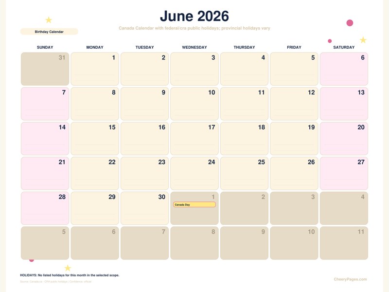 Canada June 2026 Calendar - Birthday Calendar printable preview