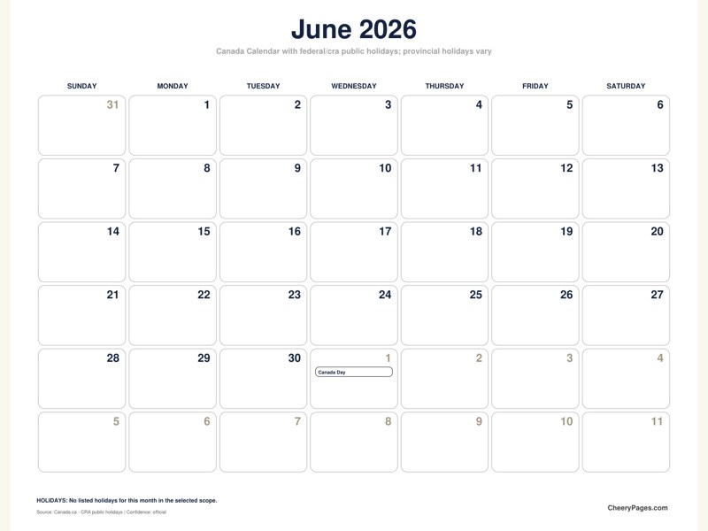 Canada June 2026 Calendar - Black and White Ink Saver printable preview