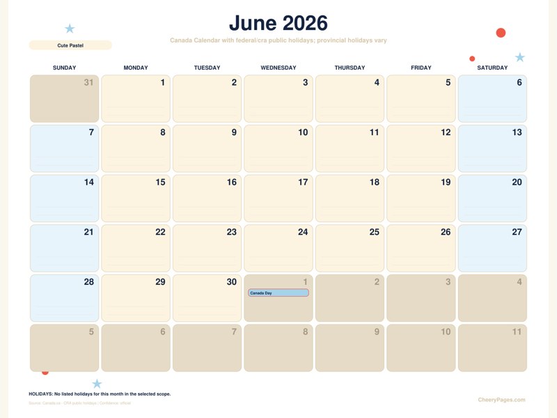 Canada June 2026 Calendar - Cute Pastel printable preview