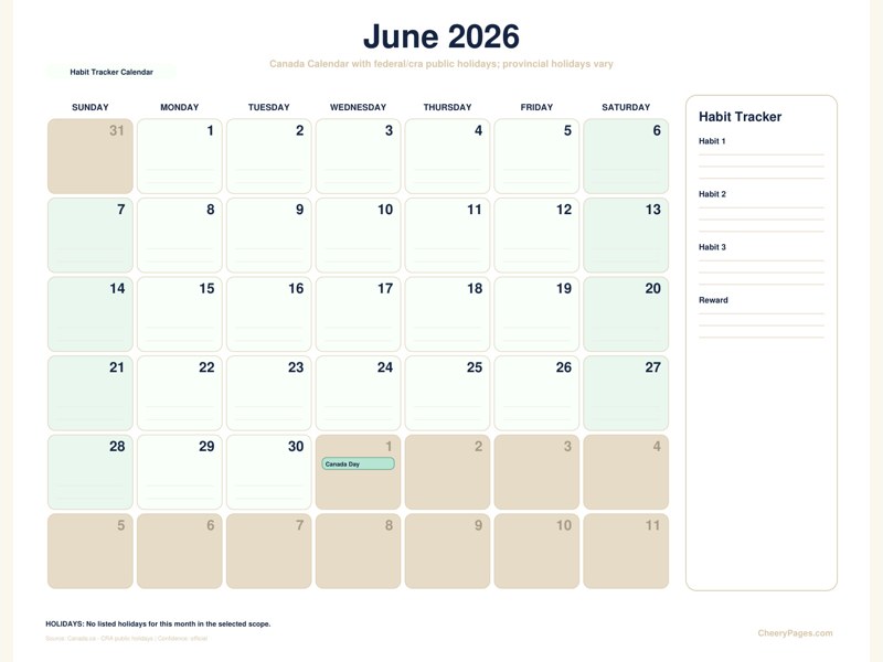 Canada June 2026 Calendar - Habit Tracker Calendar printable preview