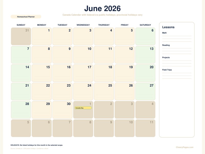 Canada June 2026 Calendar - Homeschool Planner printable preview