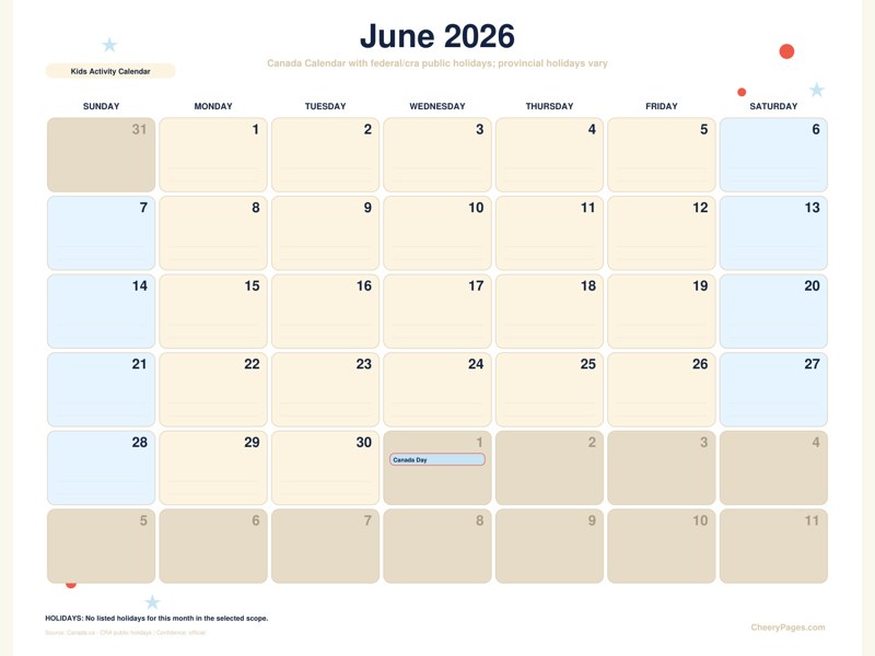 Canada June 2026 Calendar - Kids Activity Calendar printable preview