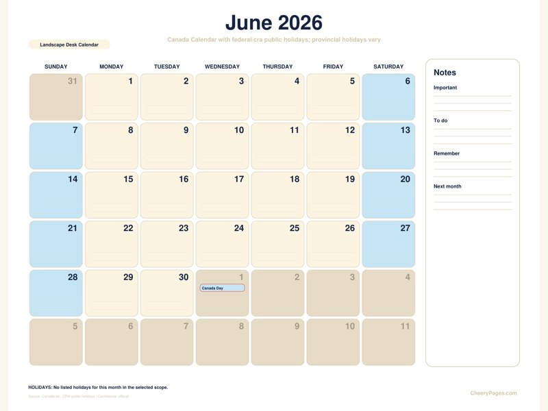 Canada June 2026 Calendar - Landscape Desk Calendar printable preview