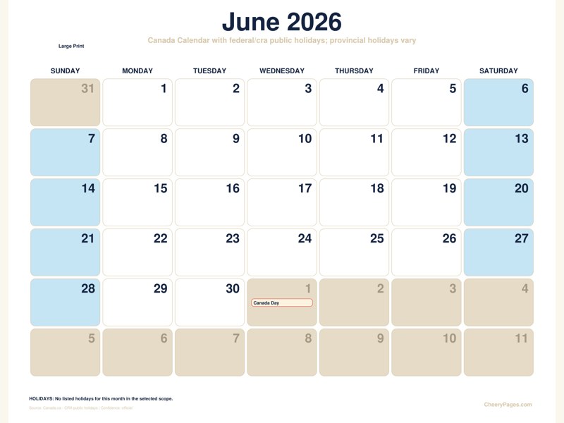 Canada June 2026 Calendar - Large Print printable preview