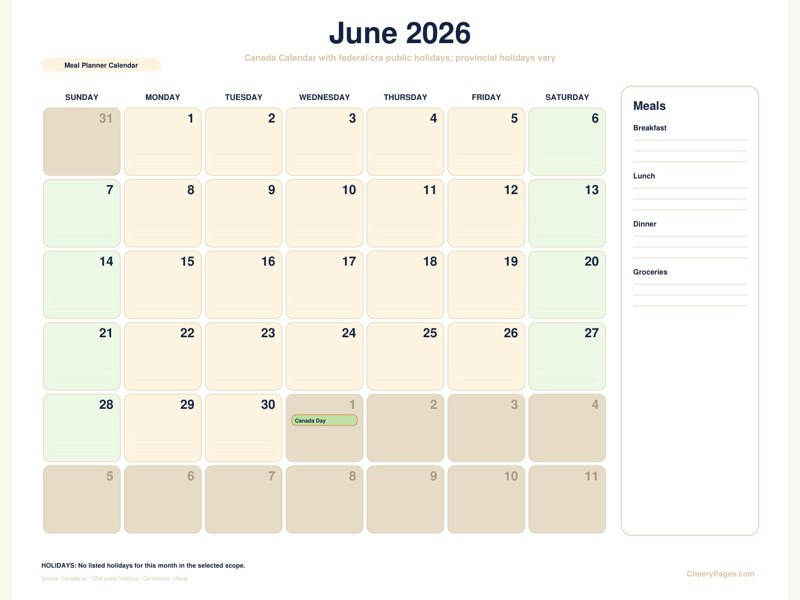 Canada June 2026 Calendar - Meal Planner Calendar printable preview